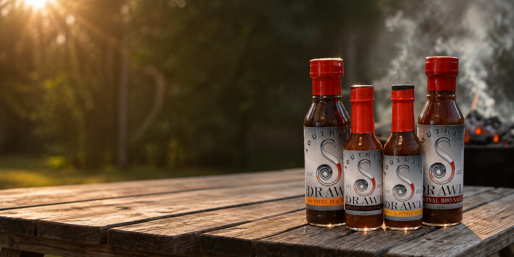 Four bottles of Sourdough Draw Hot Sauce arranged on a rustic wooden table outdoors, with a blurred background of trees and a smoking grill.